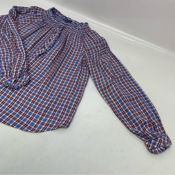 Democracy  Plaid Pop Over  Blouse Top Woman Large  Ruffle  Long Sleeve Western - Picture 7 of 12